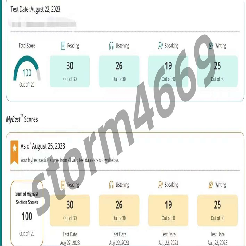 浙江某同学托福代考出分100