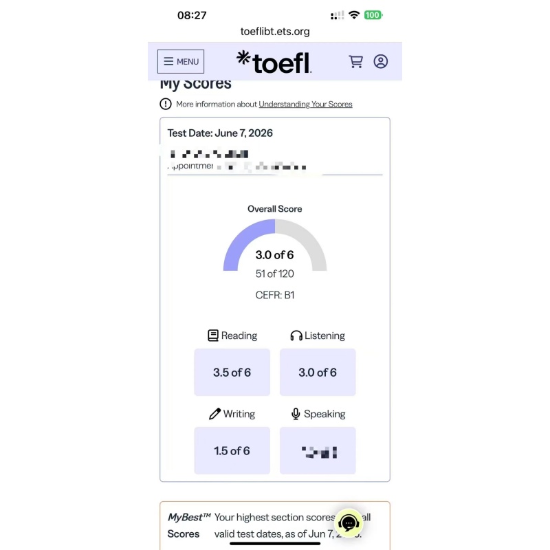 四川某同学托福家考保分出3.0分