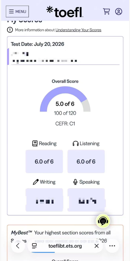 江西某同学托福考试保分出5.0分
